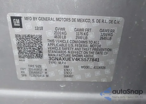 2019 Chevrolet Equinox Lt z USA, uszkodzony, nr VIN 3GNAXUEV4KS577841